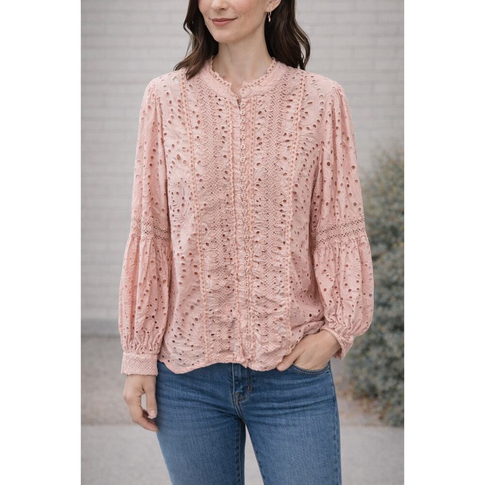 BOSTON PROPER Blush Pink Eyelet Lace Romantic Boho Blouse Top | Medium - Picture 2 of 7